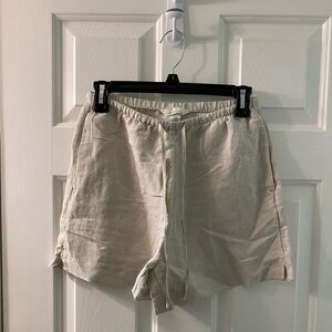H&M: Off-White Linen Blend Drawstring Shorts with Pockets